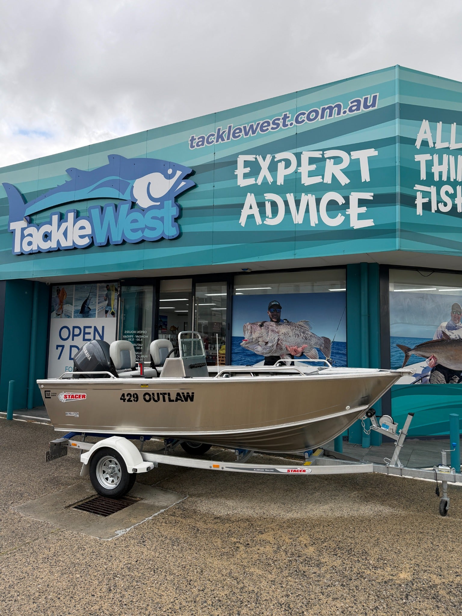 The Stacer 429 Outlaw SC prize boat with Yamaha outboard on its alloy trailer