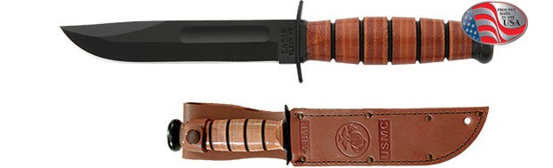 Ka-Bar KB1250 USMC Short Knife with Brown Leather Sheath Straight Edge